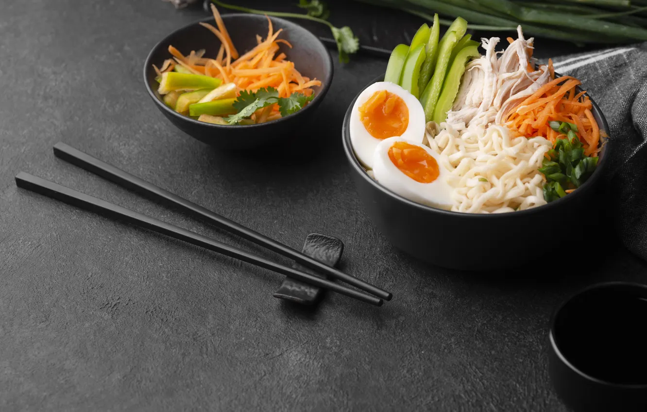 Photo wallpaper eggs, asian, vegetables, chopsticks, noodles, traditional