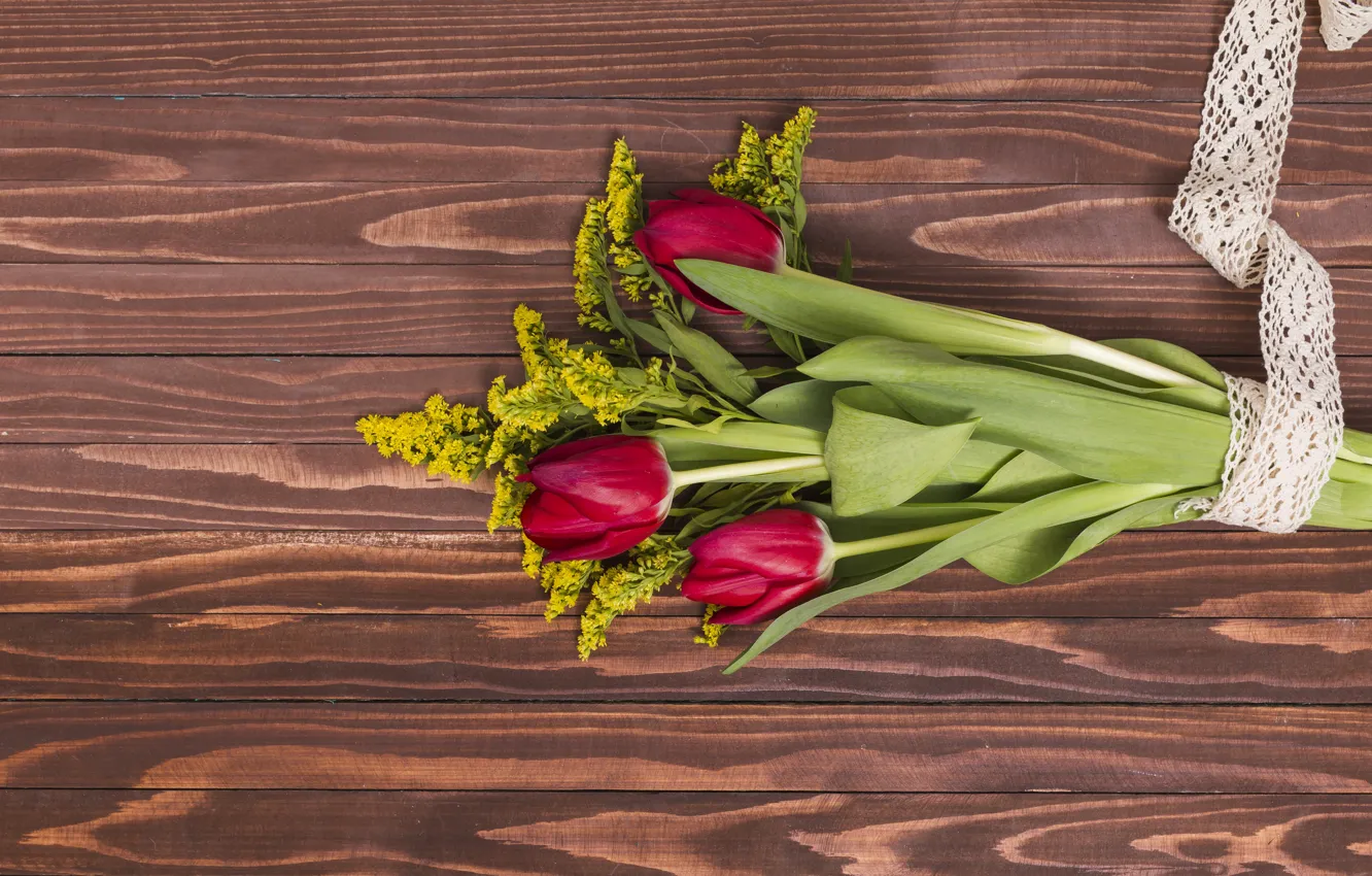 Photo wallpaper flowers, red, bouquet, tulips, red, wood, flowers, tulips