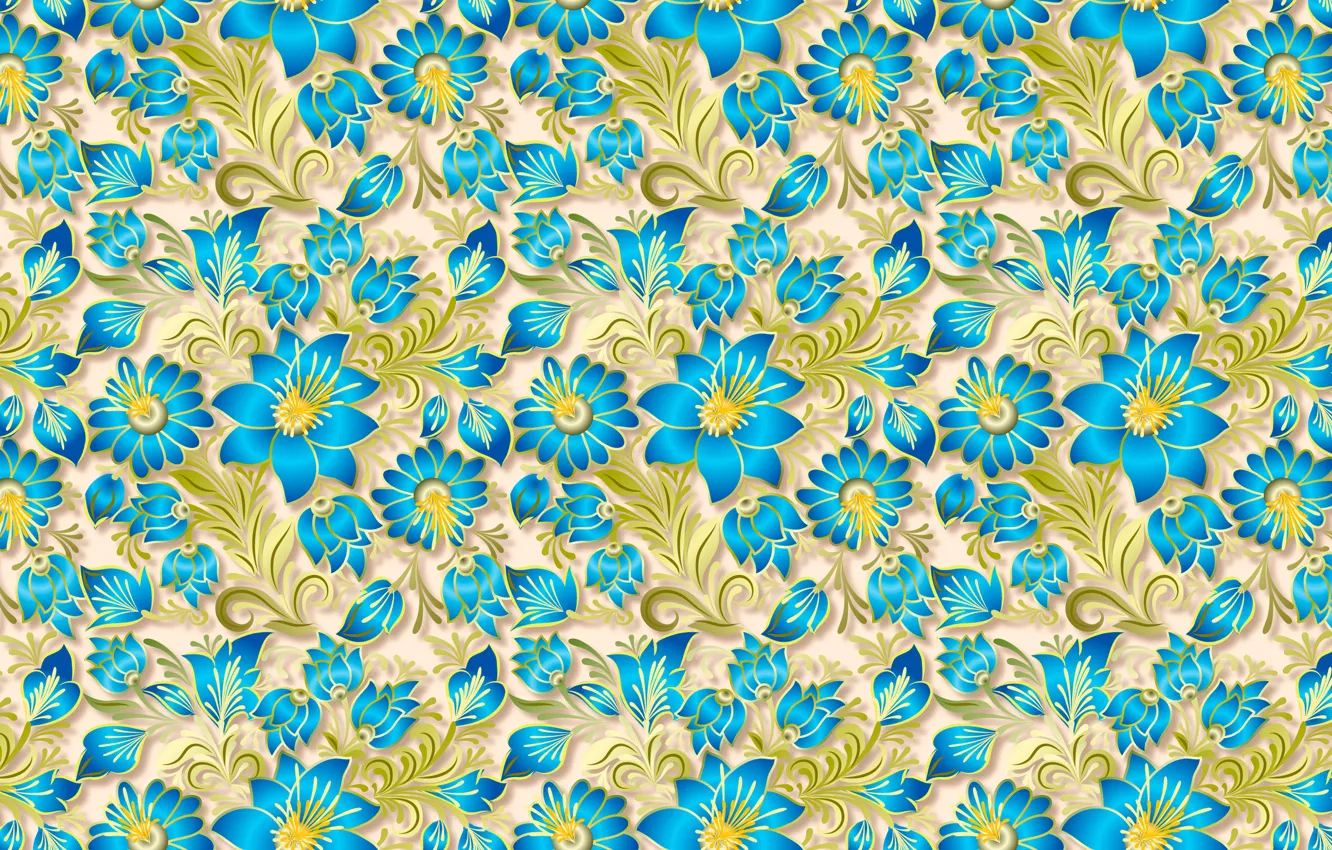 Photo wallpaper flowers, blue, pattern, gold