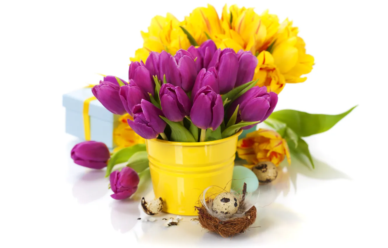 Photo wallpaper tulips, flowers, tulips, purple, eggs, easter, bouquet