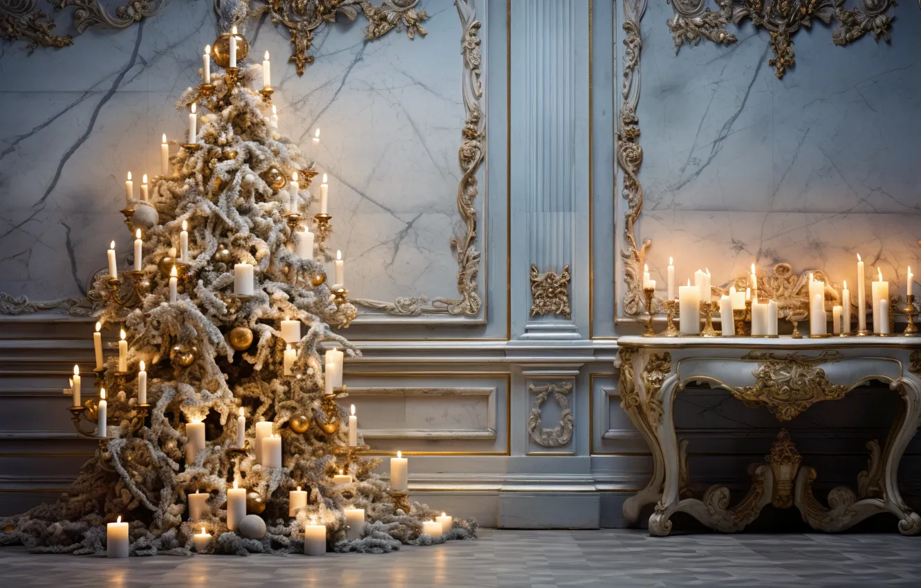 Photo wallpaper decoration, room, balls, tree, new year, home, interior, candles