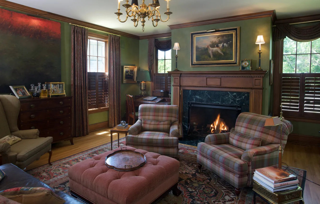 Photo wallpaper design, room, interior, picture, fireplace, Ohio, upholstered furniture, classic english style