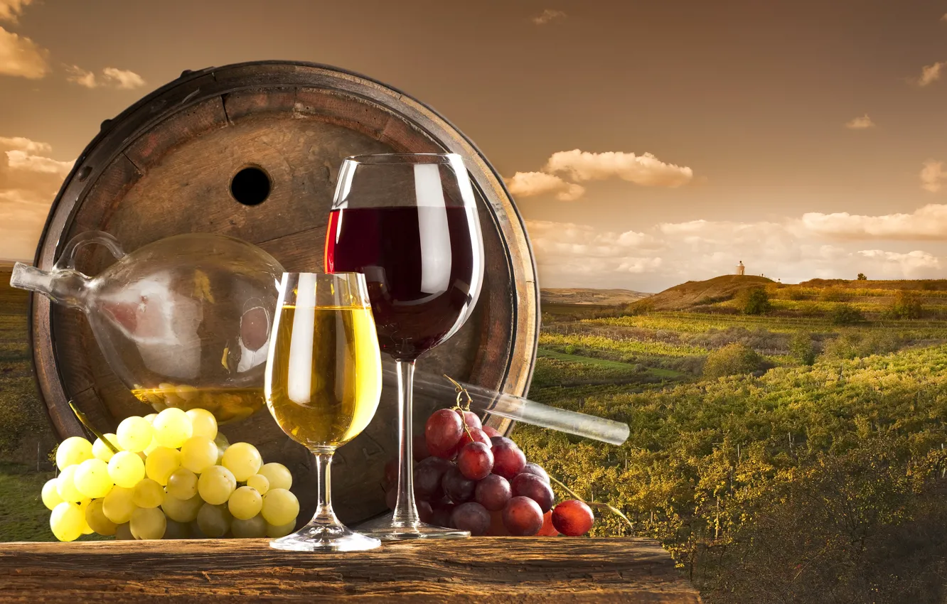 Photo wallpaper clouds, wine, red, white, glasses, grapes, vineyard, barrel