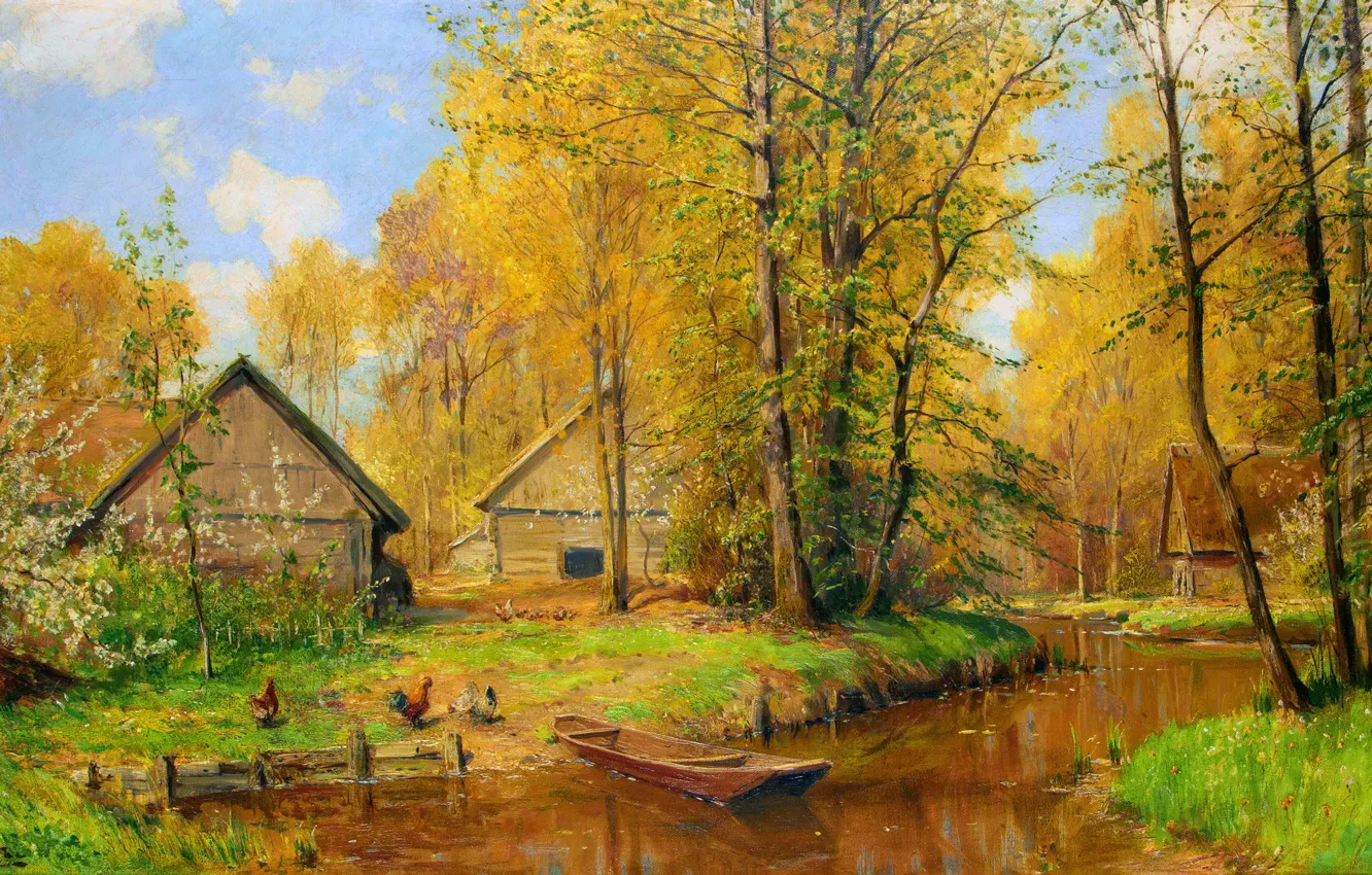 Photo wallpaper trees, stream, boat, home, picture, Walter Moras, German painter, Walter Moras