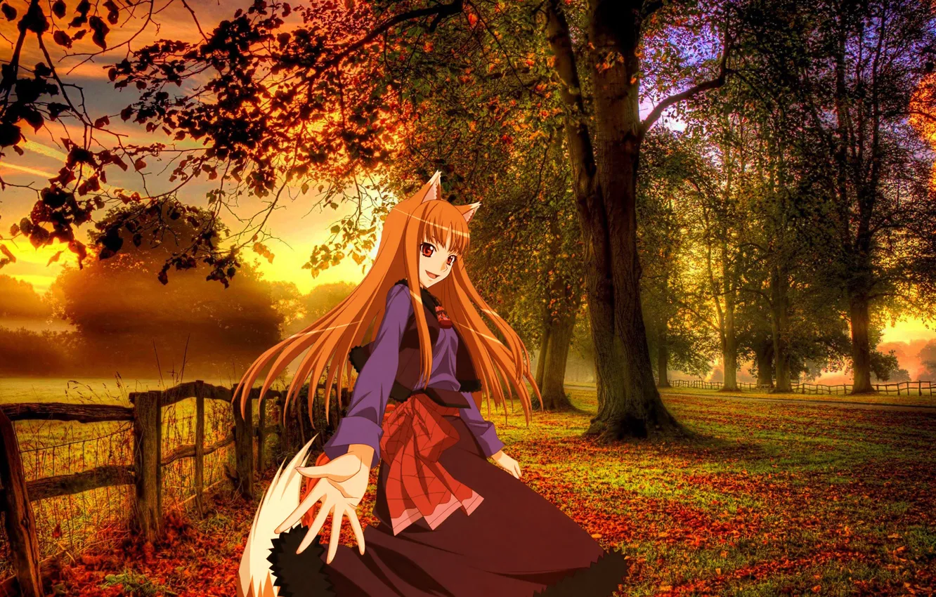 Photo wallpaper autumn, girl, landscape, background, anime, cutie, Photoshop