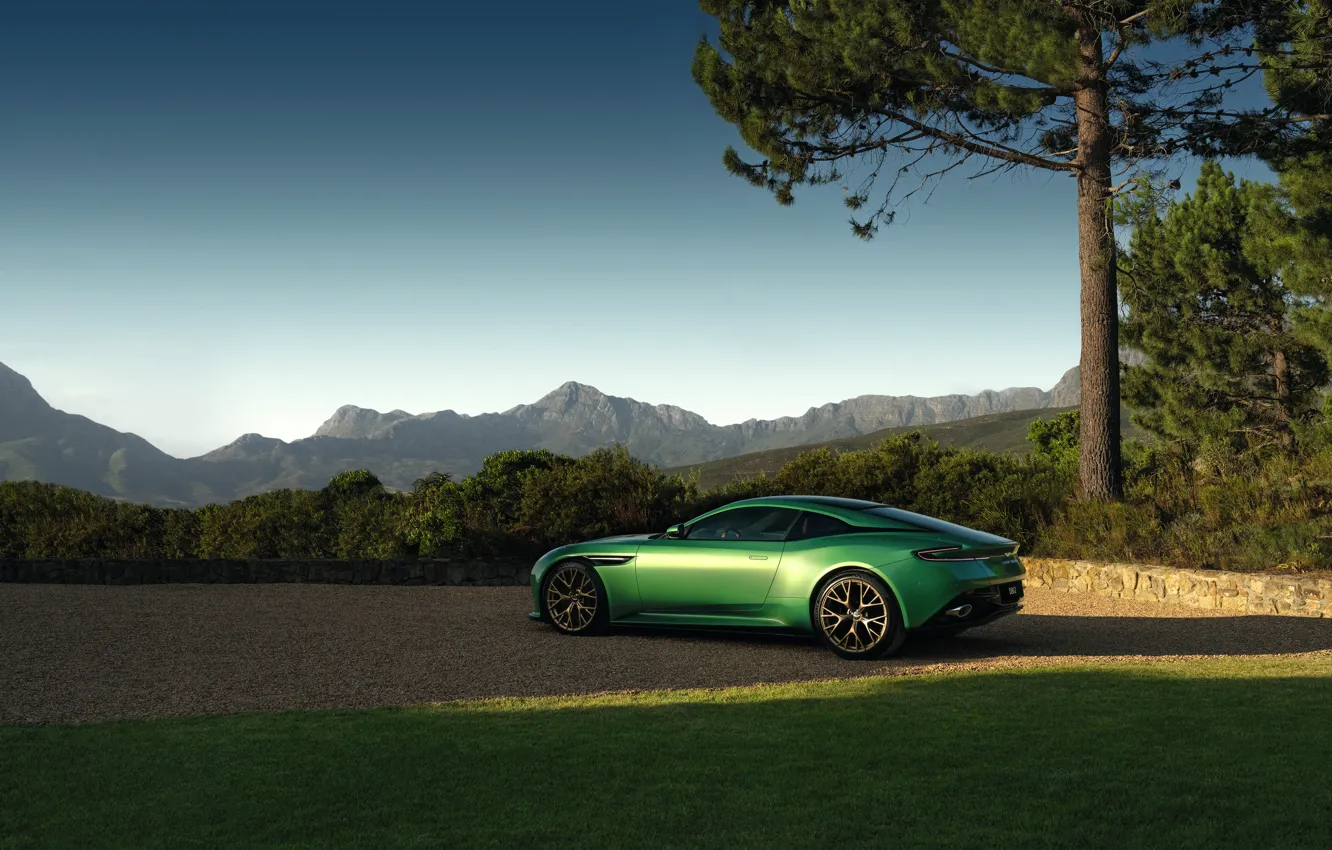Photo wallpaper trees, mountains, Aston Martin, supercar, view, emerald, luxury car, 2023