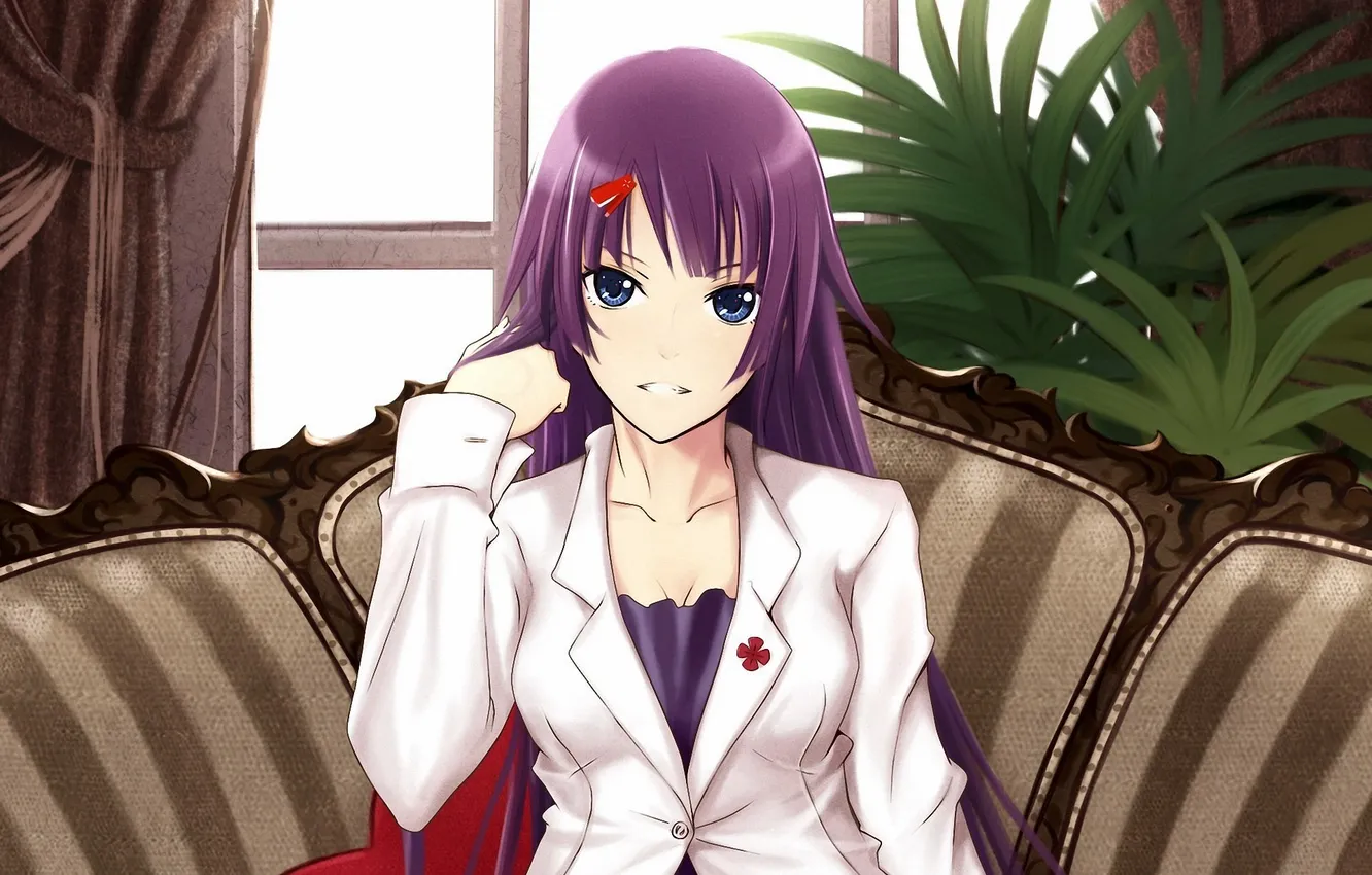 Photo wallpaper leaves, girl, room, sofa, window, art, senjougahara hitagi, bakemonogatari