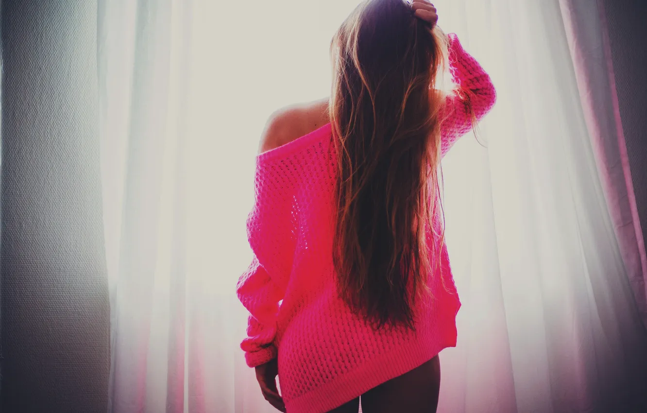 Photo wallpaper girl, light, pink, hair, window, curtains, is, sweater
