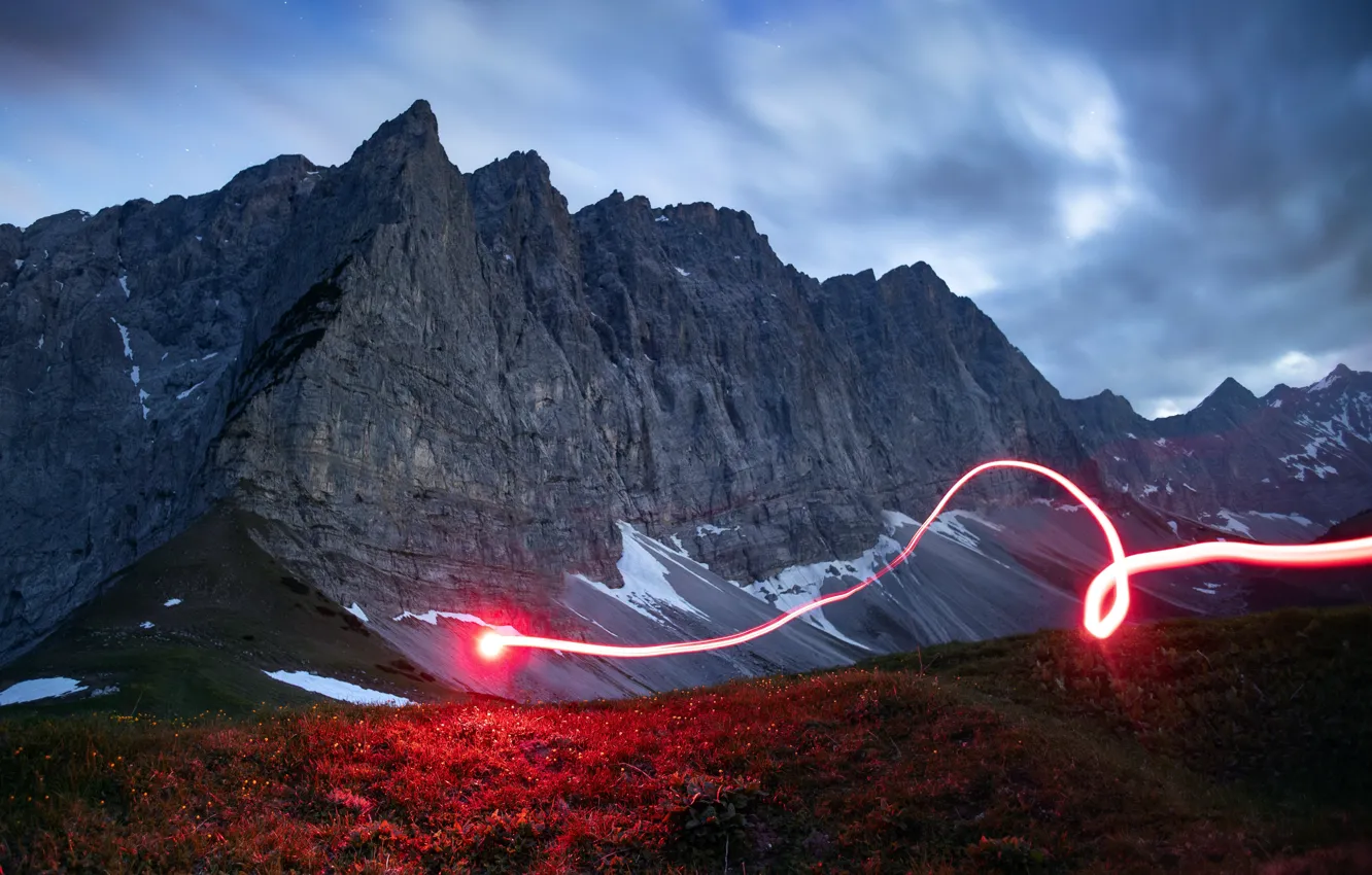 Photo wallpaper mountains, Austria, mountains, Austria, Lines An Alm, Red highlights, Red Glare, Alma Lines