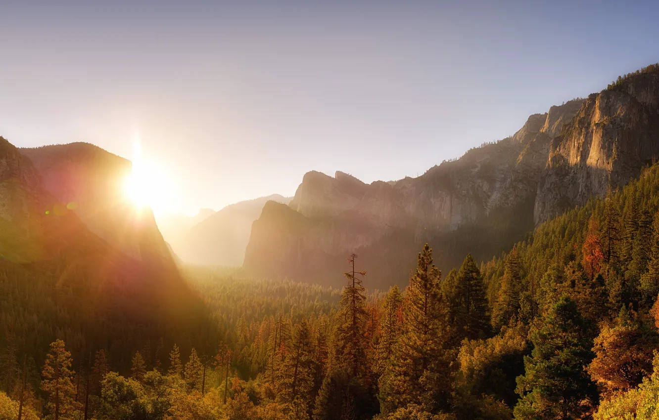 Photo wallpaper morning, rays, light, mountains, ate, Yosemite, canales, dawn