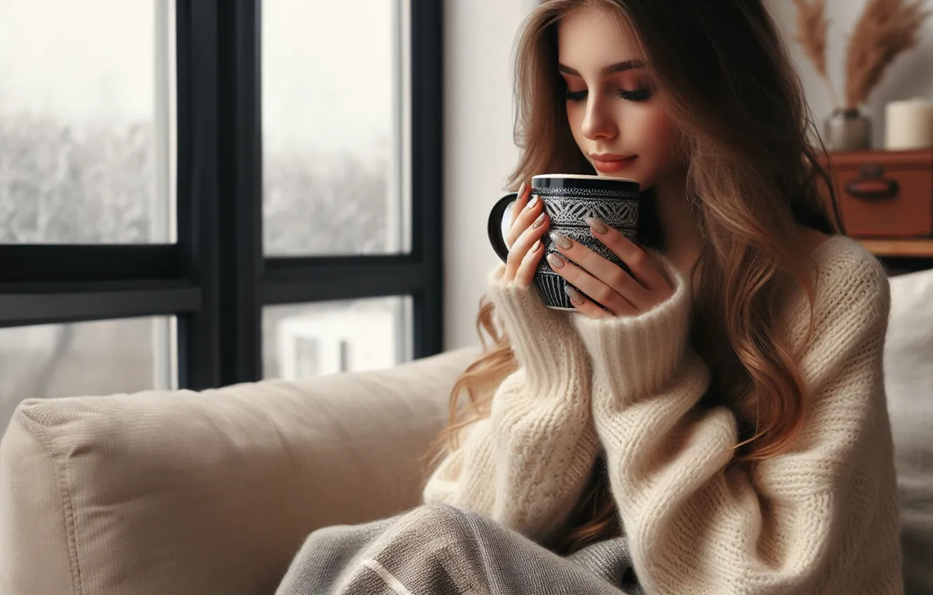 Photo wallpaper winter, girl, face, eyelashes, comfort, heat, room, sofa