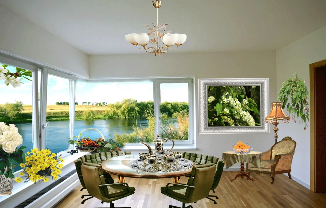 Photo wallpaper clouds, nature, river, room, interior