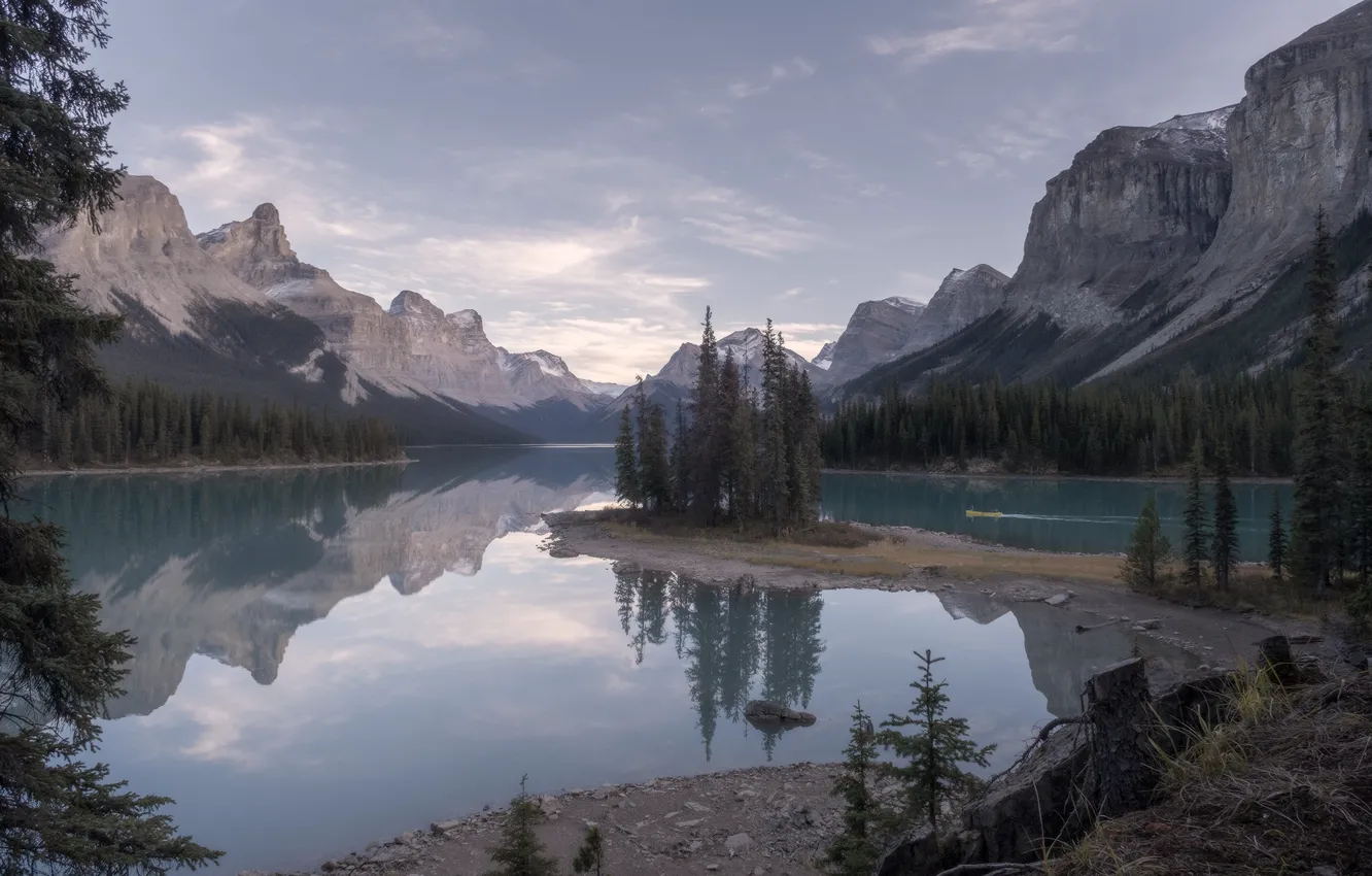 Photo wallpaper forest, mountains, reflection, shore, ate, slope, island, pond