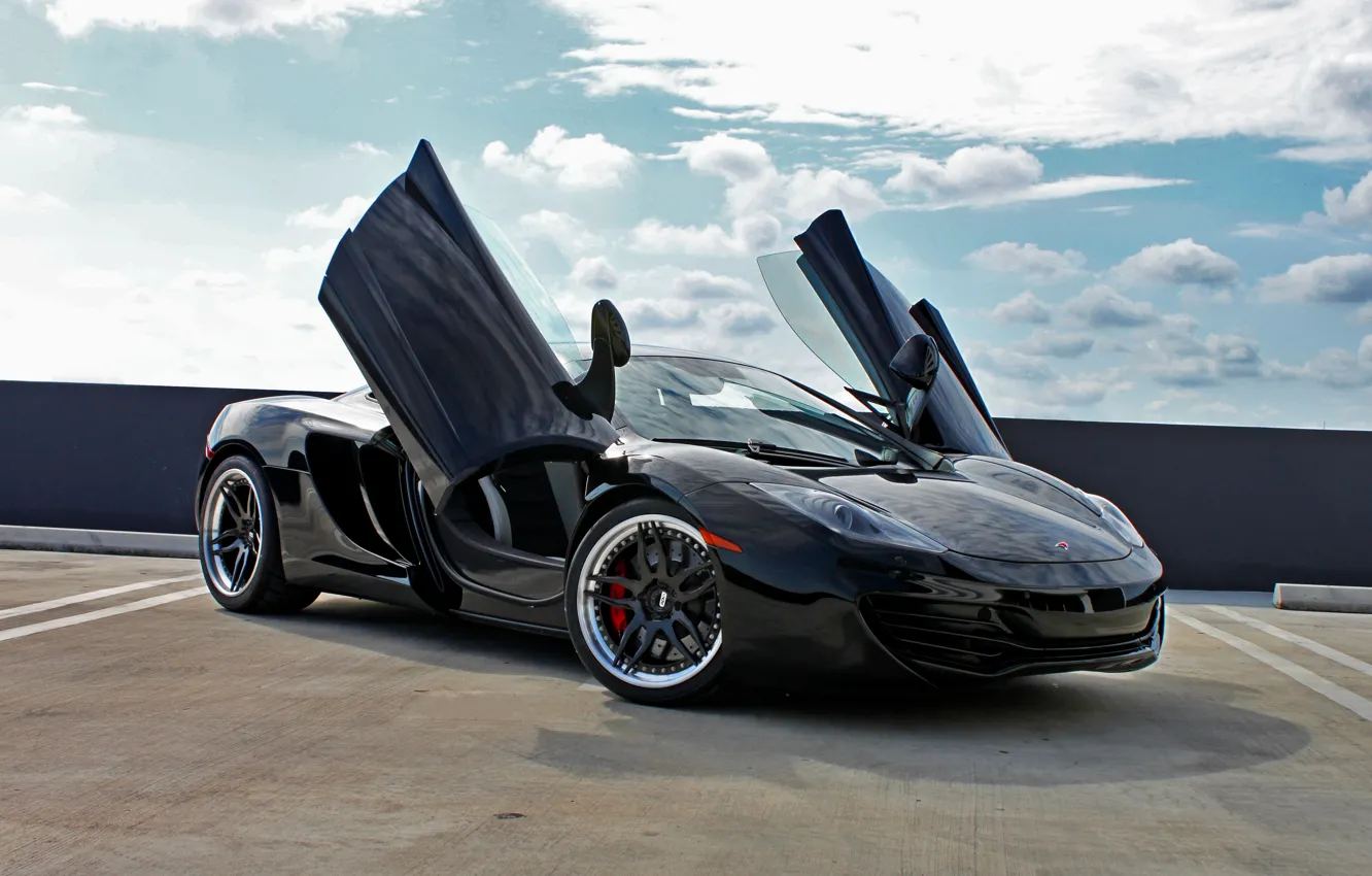 Photo wallpaper black, black, McLaren, shadow, McLaren, drives, black, front view