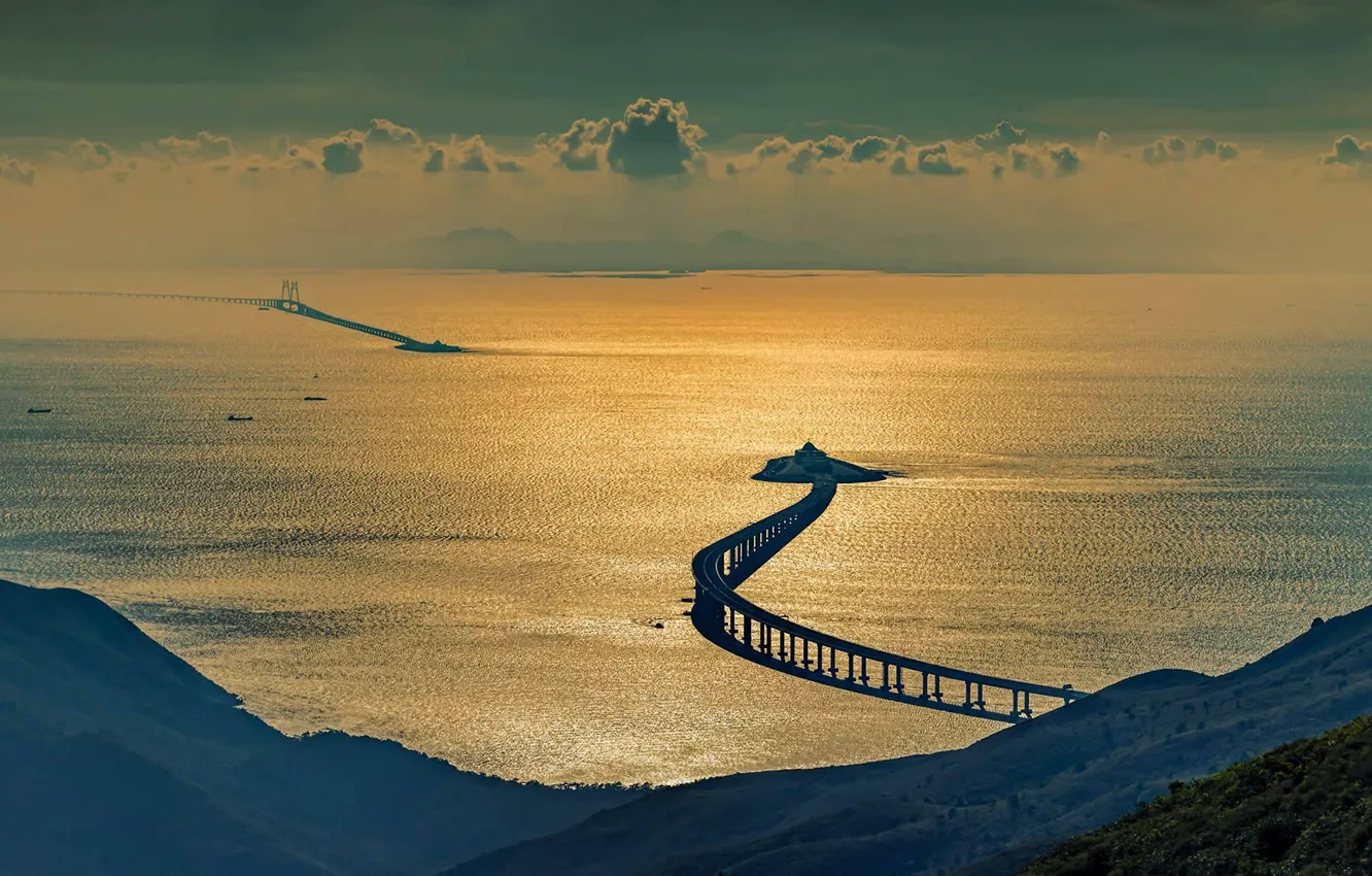 Photo wallpaper China, sea, the evening, Bridge Hong Kong-Zhuhai-Macau