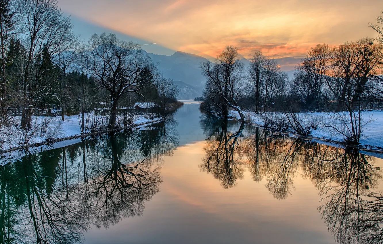Photo wallpaper winter, the sky, snow, trees, mountains, house, river, glow