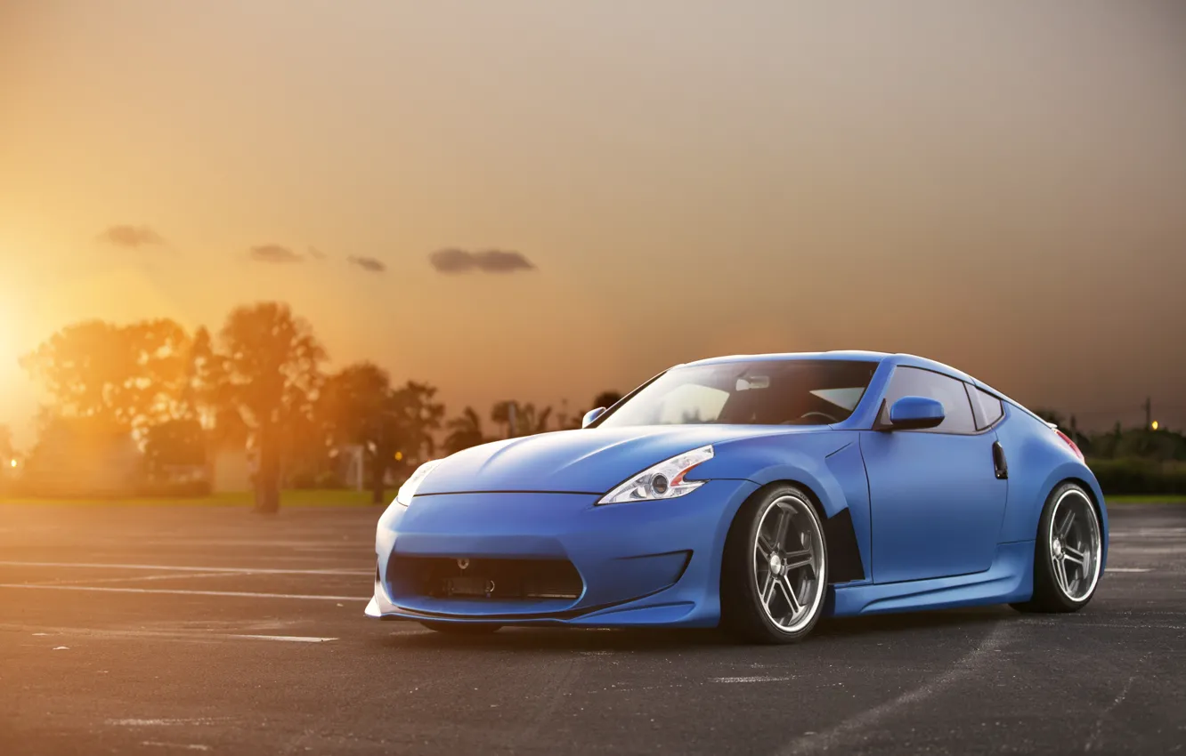 Photo wallpaper the sun, sunset, blue, tuning, Nissan, Blik, Nissan, blue