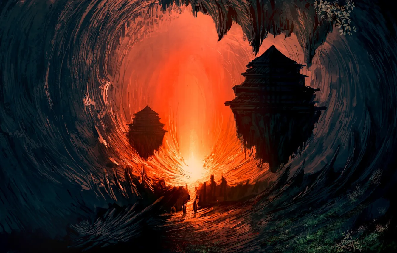 Photo wallpaper light, landscape, fire, cave, science fiction