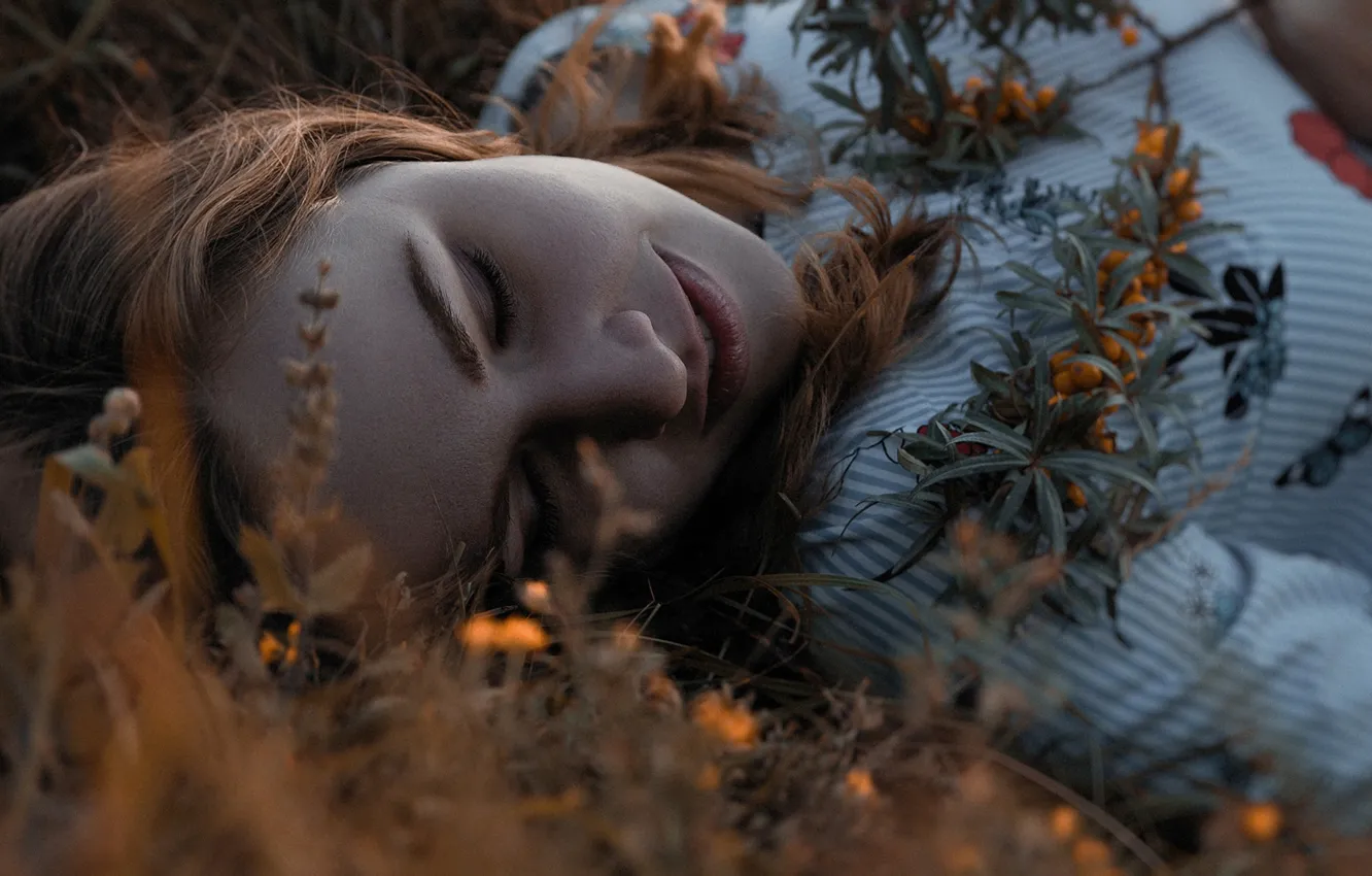 Photo wallpaper grass, girl, face, berries, sprig, stay, closed eyes, oblepiha