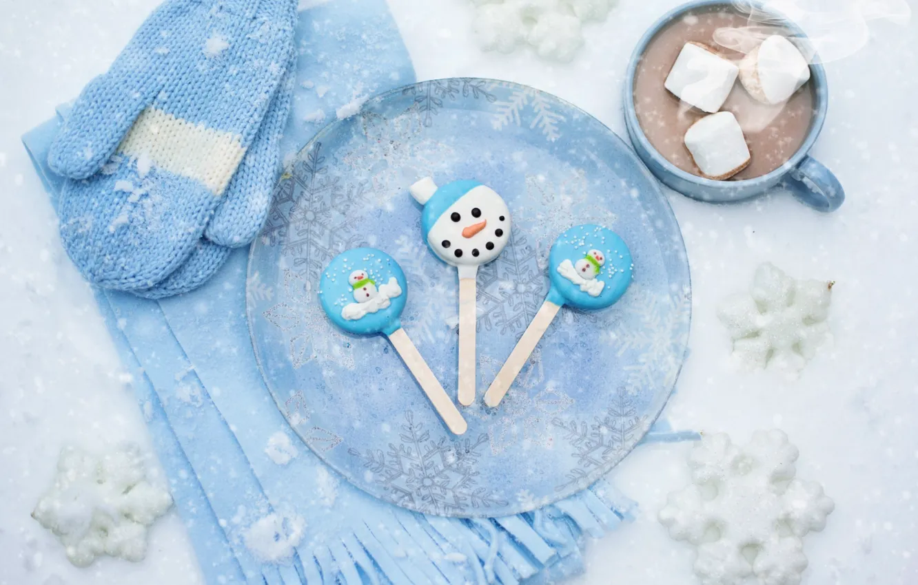 Photo wallpaper winter, snow, snowflakes, scarf, Cup, drink, mittens, hot chocolate