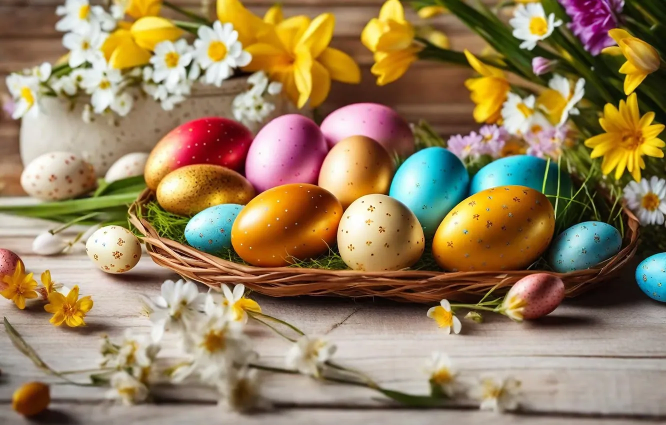 Photo wallpaper flowers, eggs, spring, colorful, Easter, flowers, spring, Easter