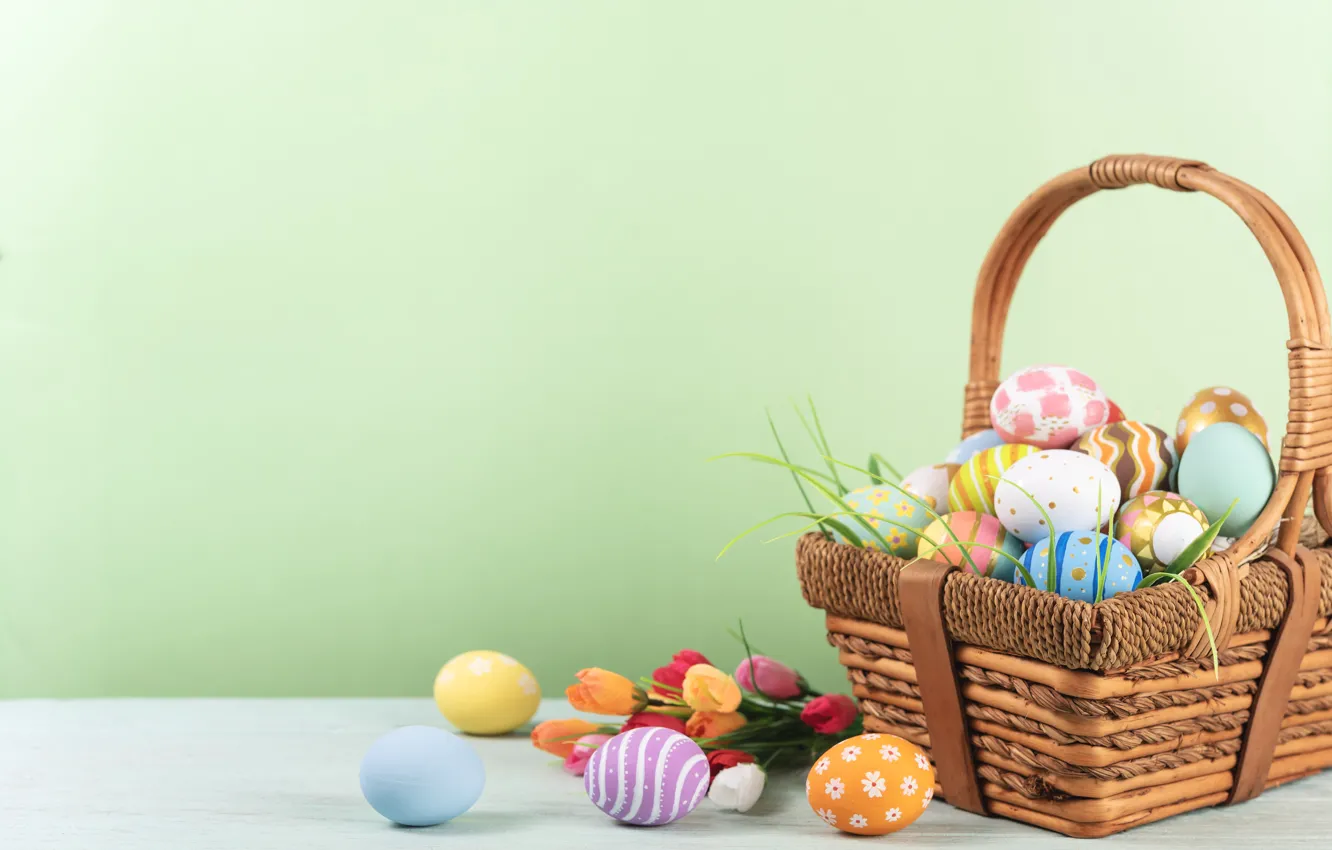 Photo wallpaper flowers, eggs, spring, colorful, Easter, tulips, flowers, tulips