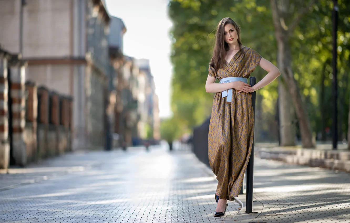 Photo wallpaper look, girl, street, hair, dress, bokeh, Celia