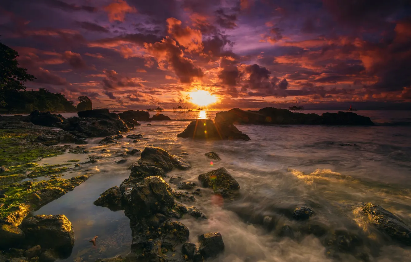 Photo wallpaper sea, the sky, the sun, clouds, rays, light, sunset, clouds