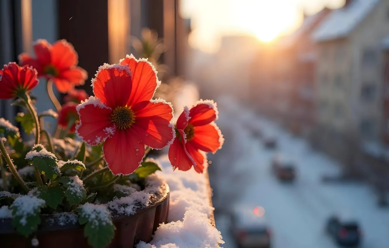 Photo wallpaper winter, snow, flowers, spring, flowers, winter, snow, spring