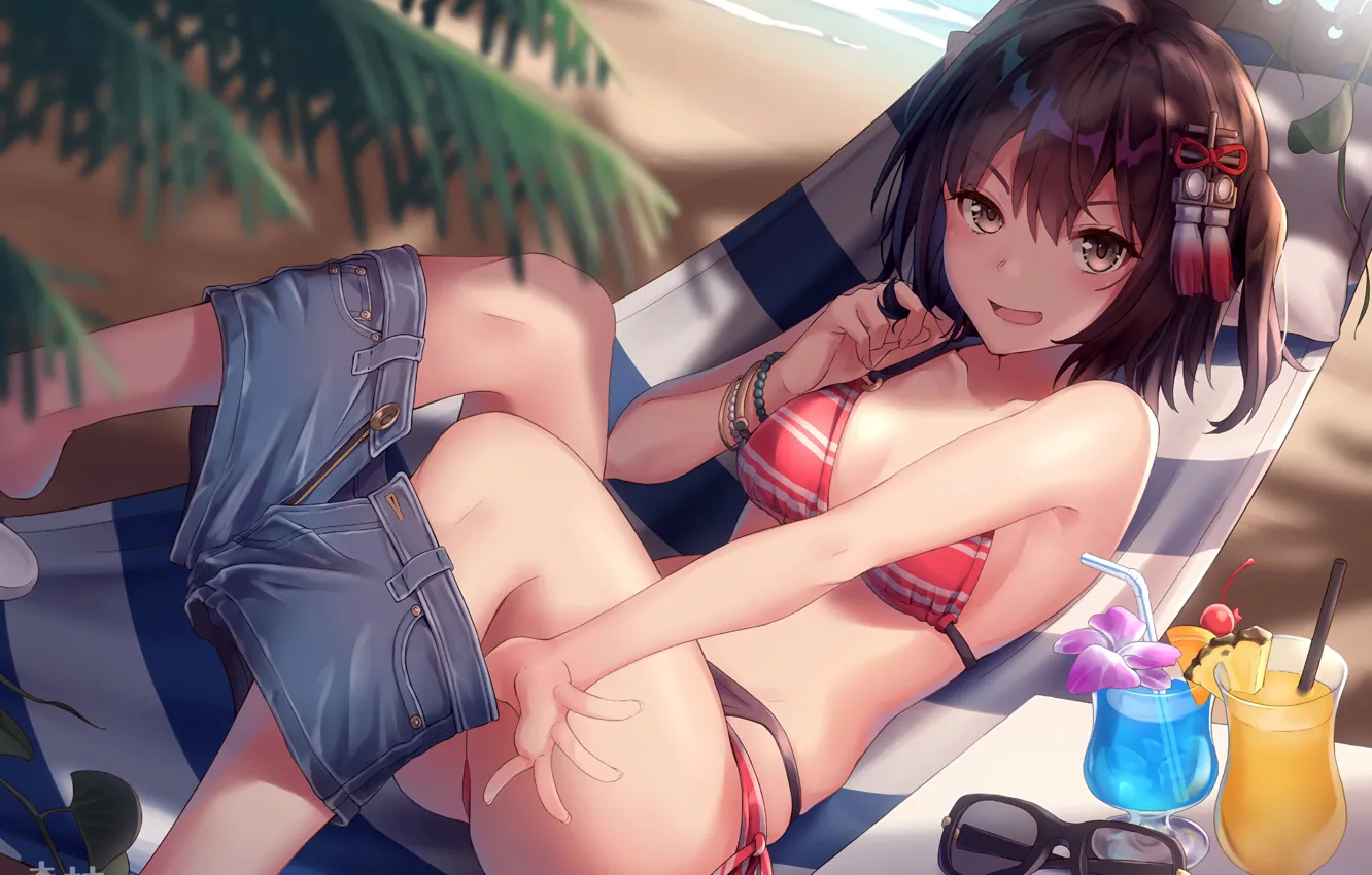 Photo wallpaper girl, sexy, ass, cleavage, beach, shorts, sea, brown hair