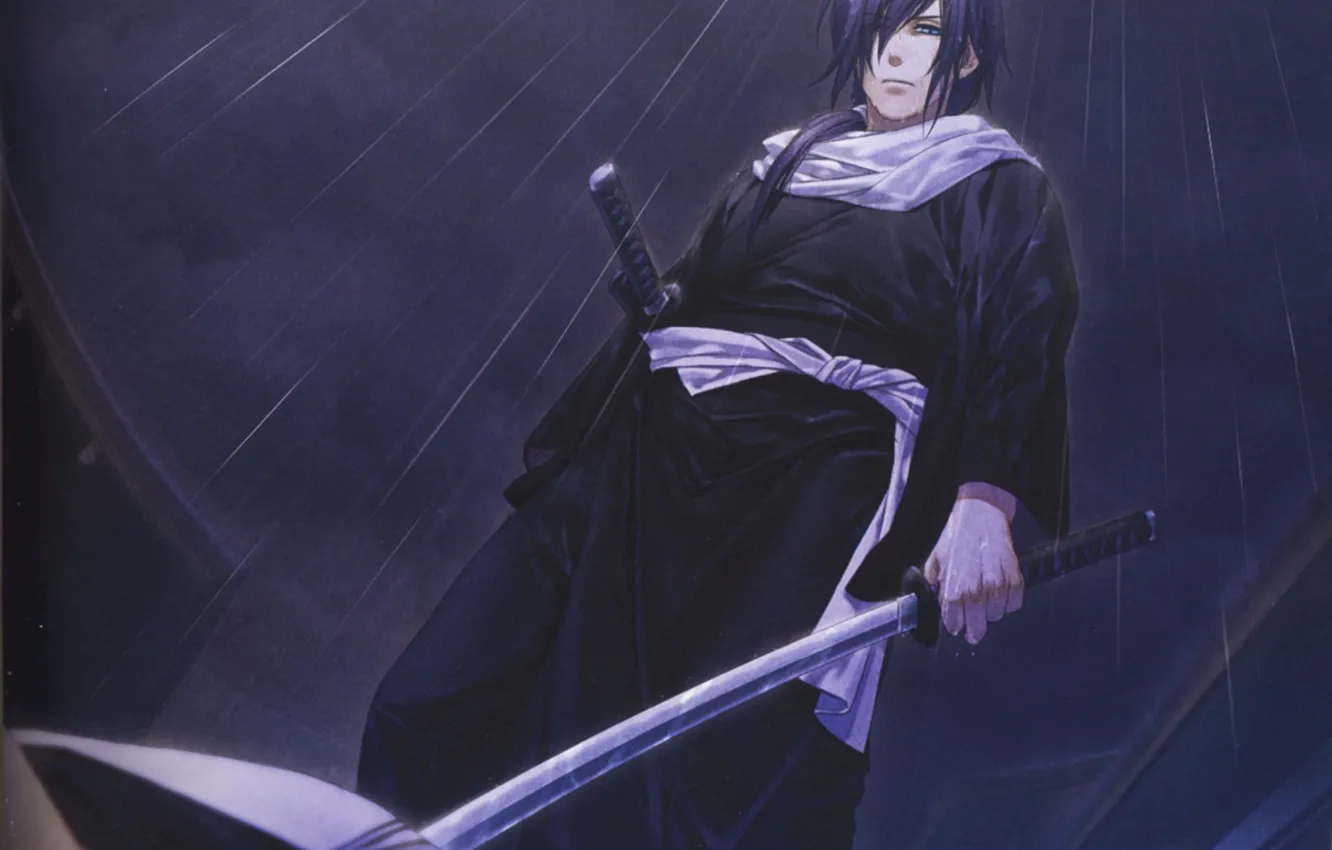 Photo wallpaper night, rain, katana, scarf, samurai, Japanese clothing, demons pale cherry, hakuouki shinsengumi kitano