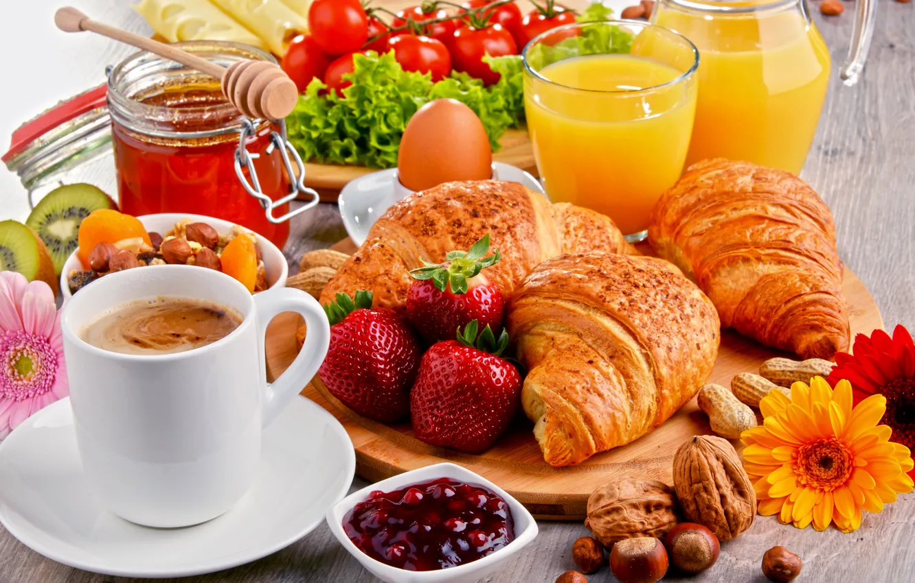 Photo wallpaper berries, coffee, strawberry, Goodies, croissant, cuts