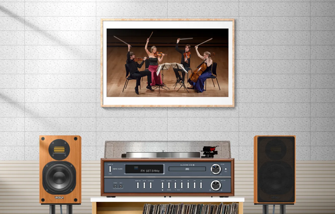 Photo wallpaper audio, Tuner, Speaker, vinyl player, Amplifier, picture frame, string quartet, cd player