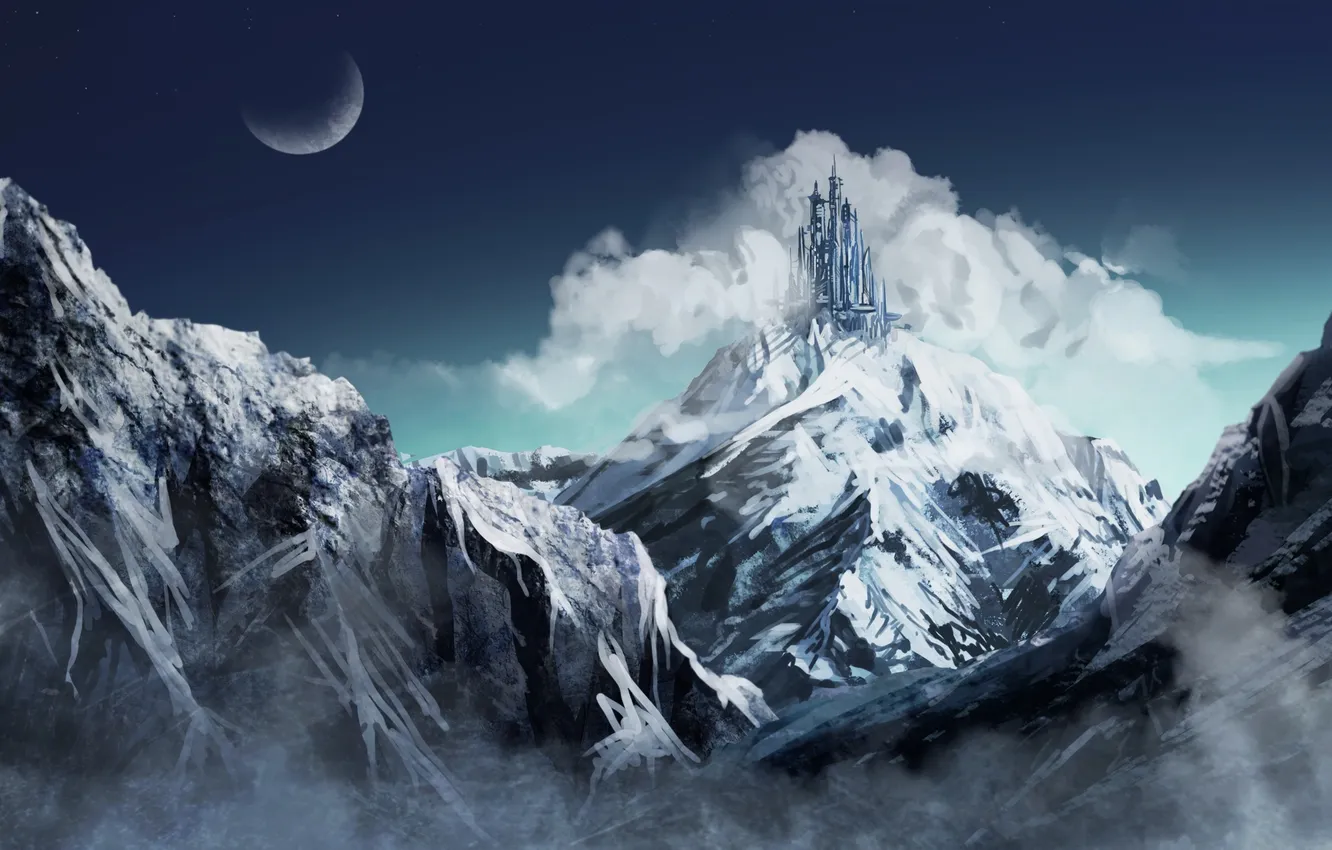 Photo wallpaper clouds, snow, mountains, castle, the moon