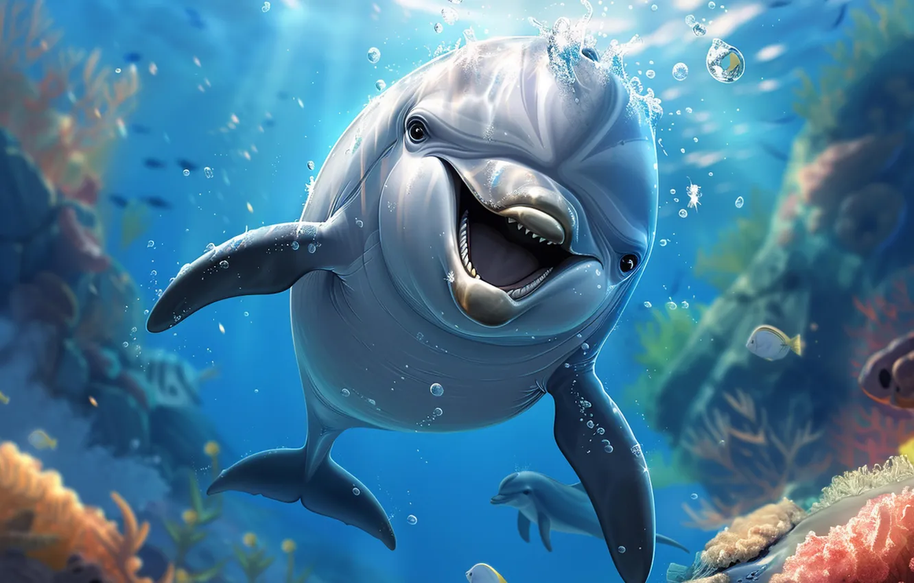 Photo wallpaper face, corals, dolphins, underwater world, front, digital art, AI art, The Art of Artificial Intelligence