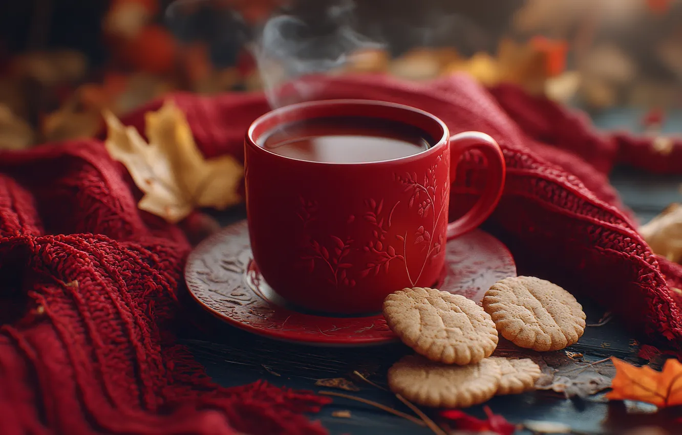 Photo wallpaper autumn, red, comfort, tea, coffee, hot, scarf, cookies