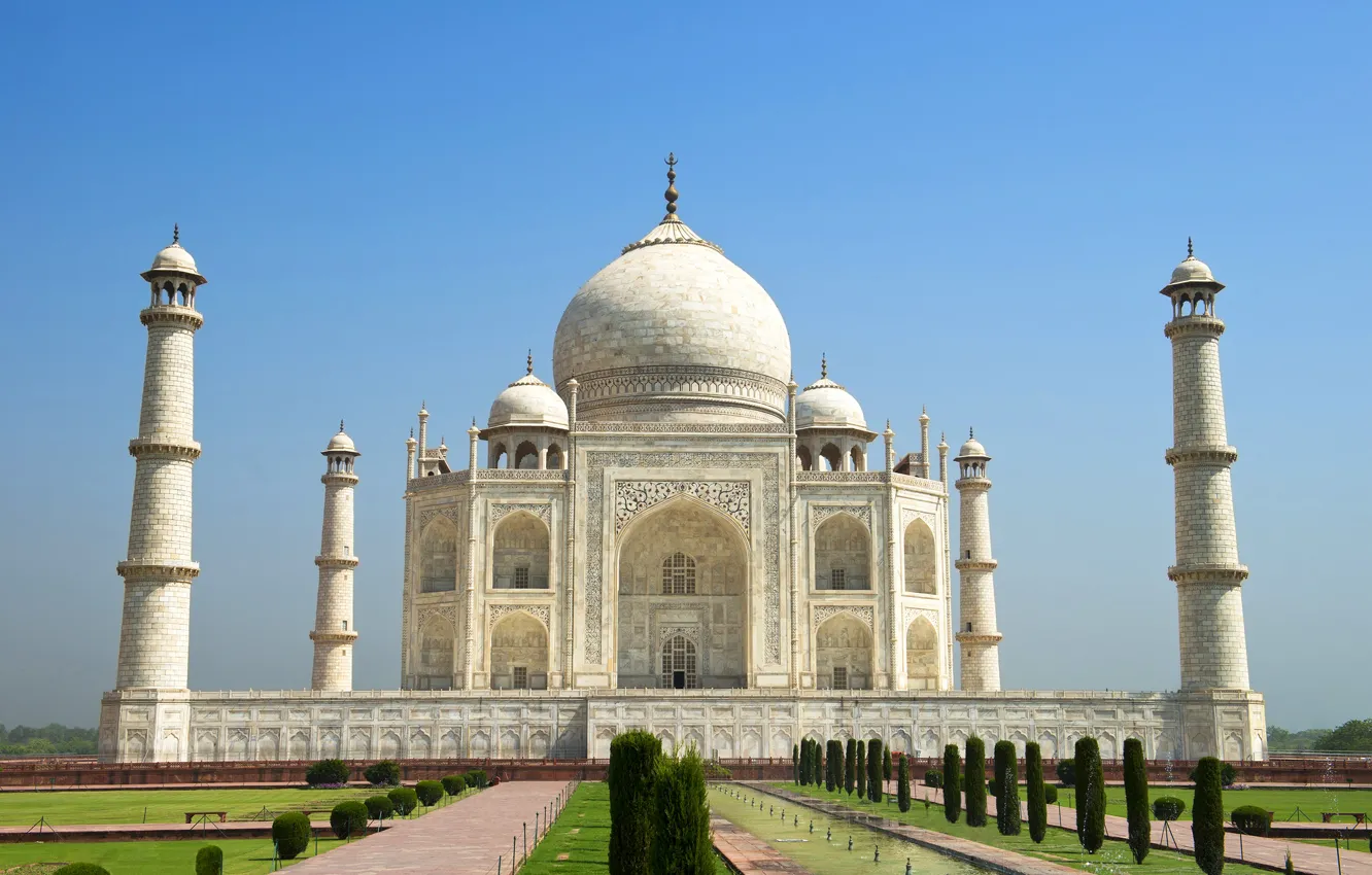 Photo wallpaper the sky, the sun, lawn, India, Taj Mahal, fountain, temple, the bushes