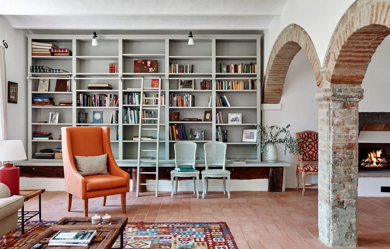Photo wallpaper interior, fireplace, library, living room, Villa in Pesciano