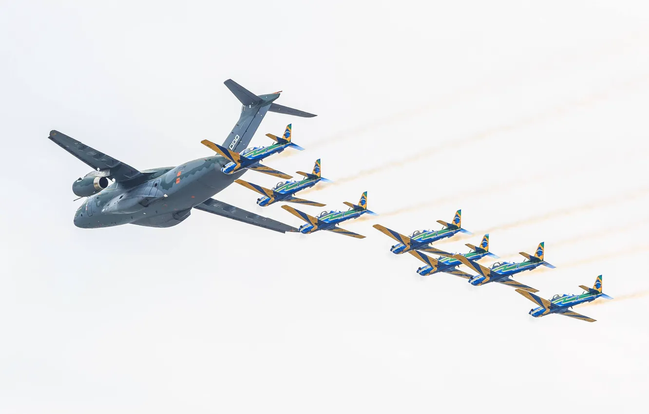Photo wallpaper FAB, Embraer, KC-390, military aircraft, Force Air Brazilian, Brazilian Air Force, Smoke Squadron