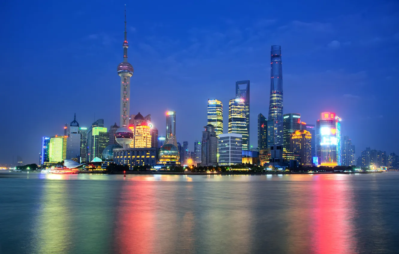 Photo wallpaper night, lights, reflection, mirror, China, Shanghai, Oriental Pearl Tower, Shanghai Tower