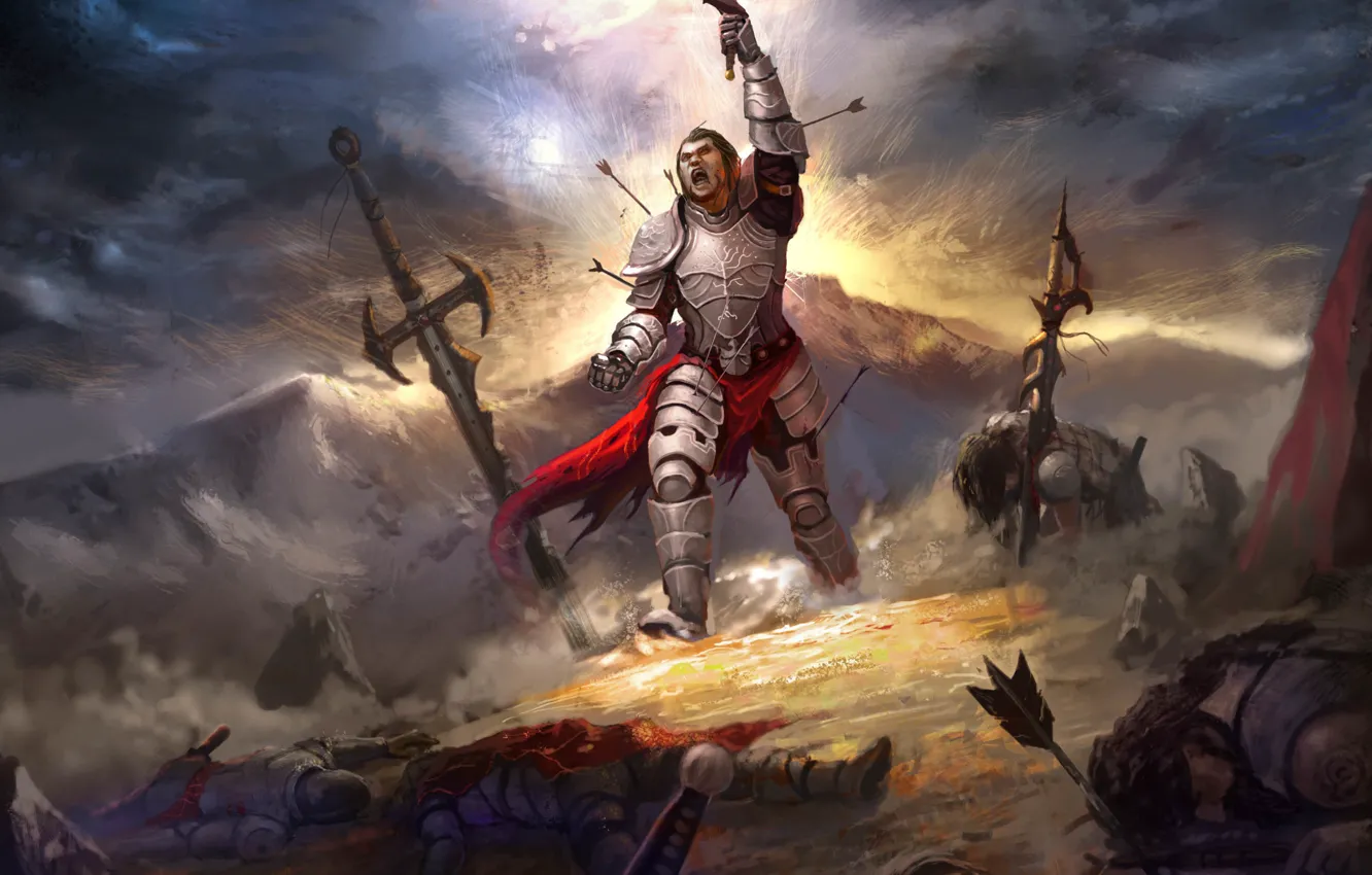 Photo wallpaper blood, sword, warrior, arrows, corpses