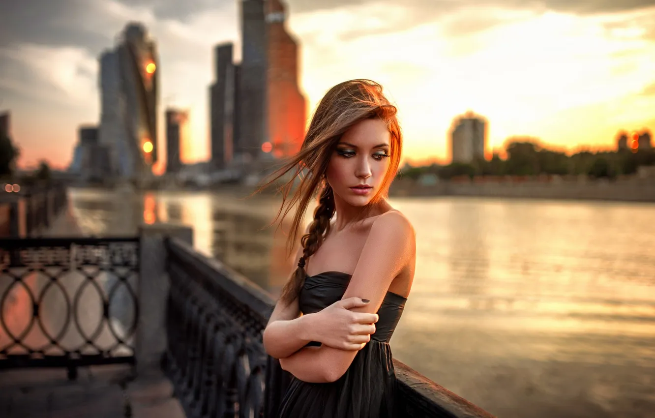 Photo wallpaper sunset, model, cityscape, Ksenia Kokoreva, In Thought