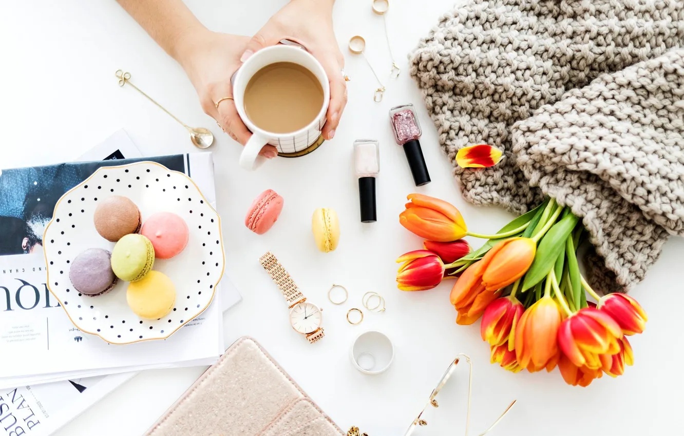 Photo wallpaper watch, coffee, bouquet, plate, tulips, macaroon