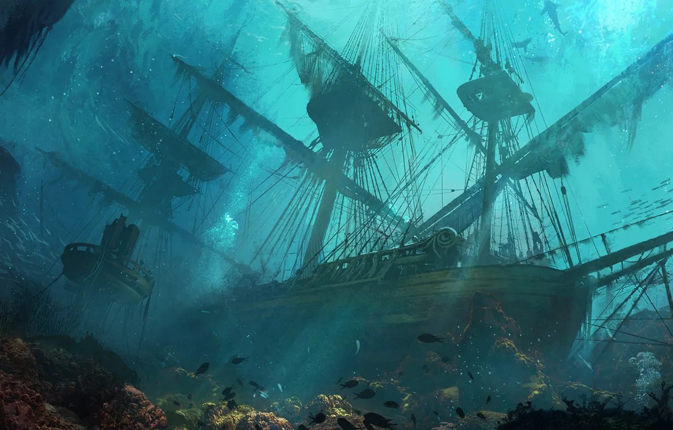 Photo wallpaper sea, ship, the bottom, under water, art, at the bottom