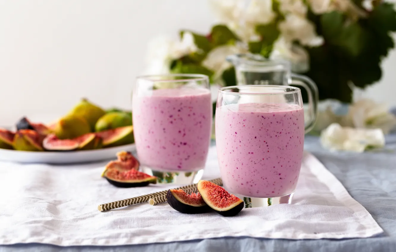 Photo wallpaper glass, Breakfast, drink, figs, smoothies