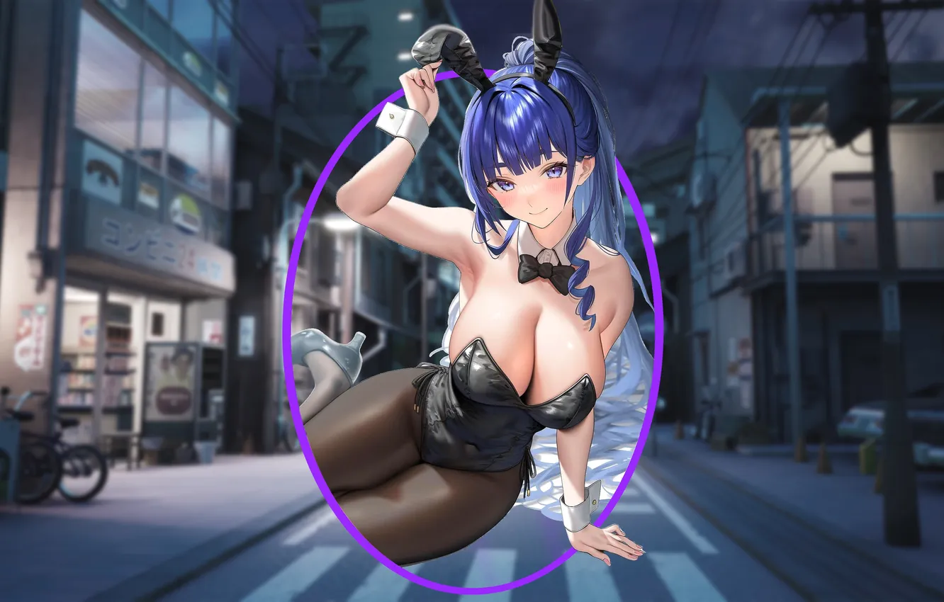 Photo wallpaper girl, hot, sexy, cleavage, boobs, rabbit, anime, purple