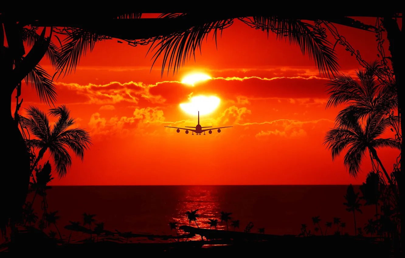 Photo wallpaper sea, sunset, the plane, The sun, silhouette