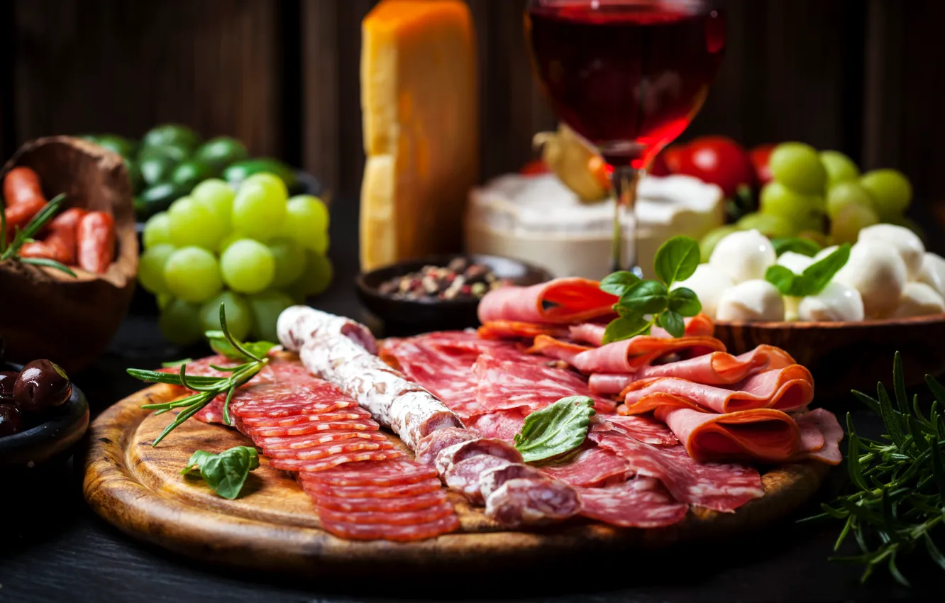 Photo wallpaper background, wine, blur, grapes, sausage, ham, sausage, ham