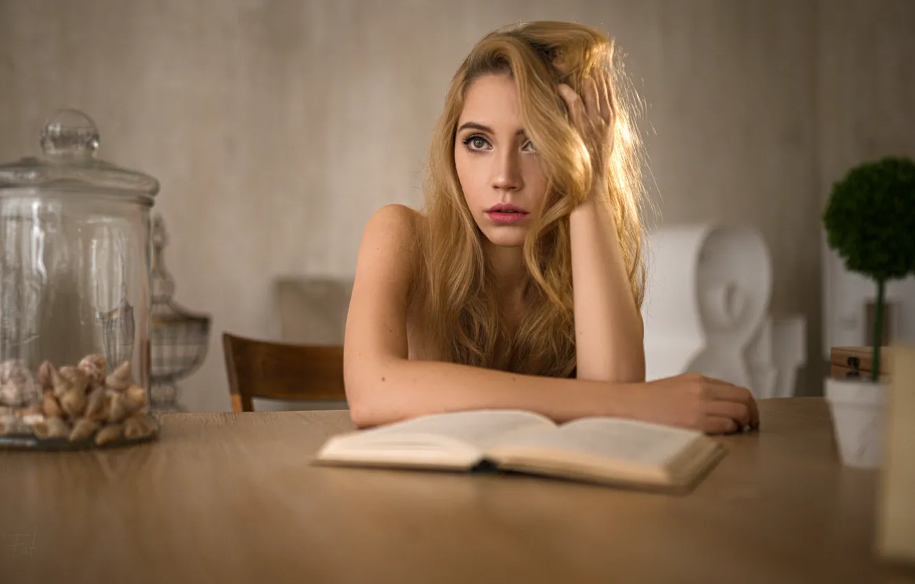 Photo wallpaper pose, model, makeup, hairstyle, blonde, book, beauty, sitting