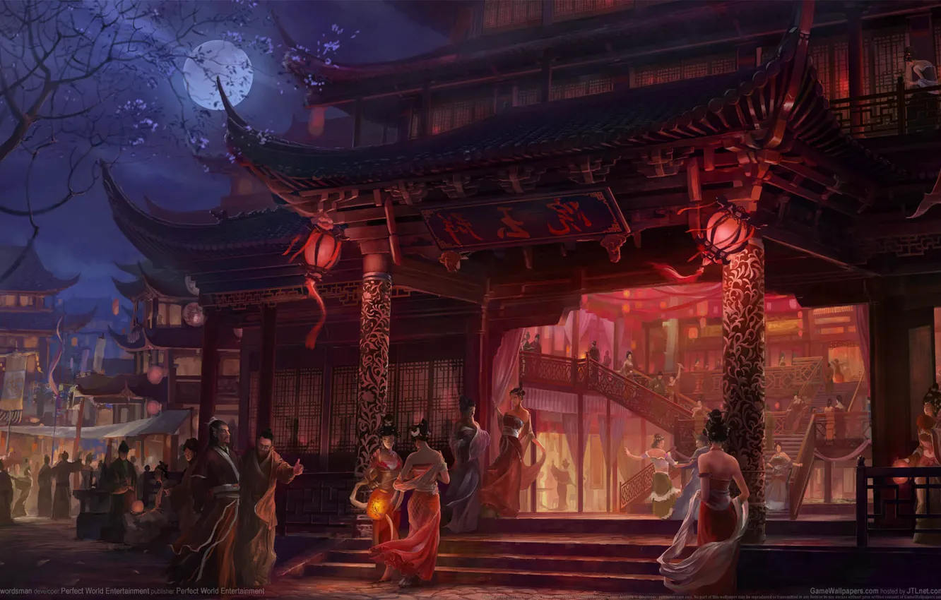 Photo wallpaper night, lights, people, girls, the moon, pagoda, the full moon, game wallpapers